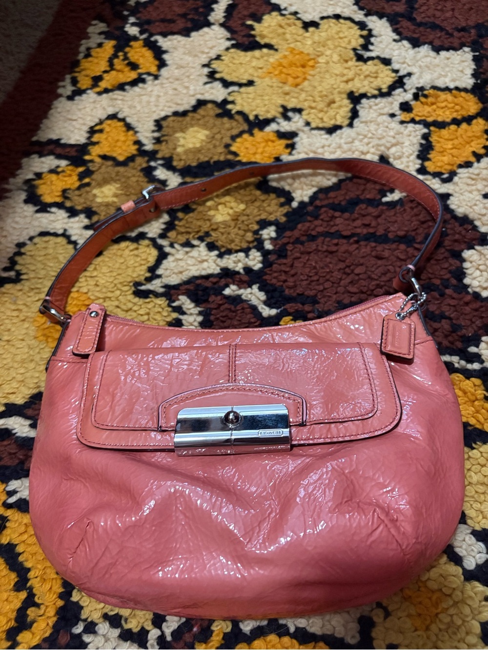 Coach Kristen Coral Pink Patent Leather Small Shoulder Bag